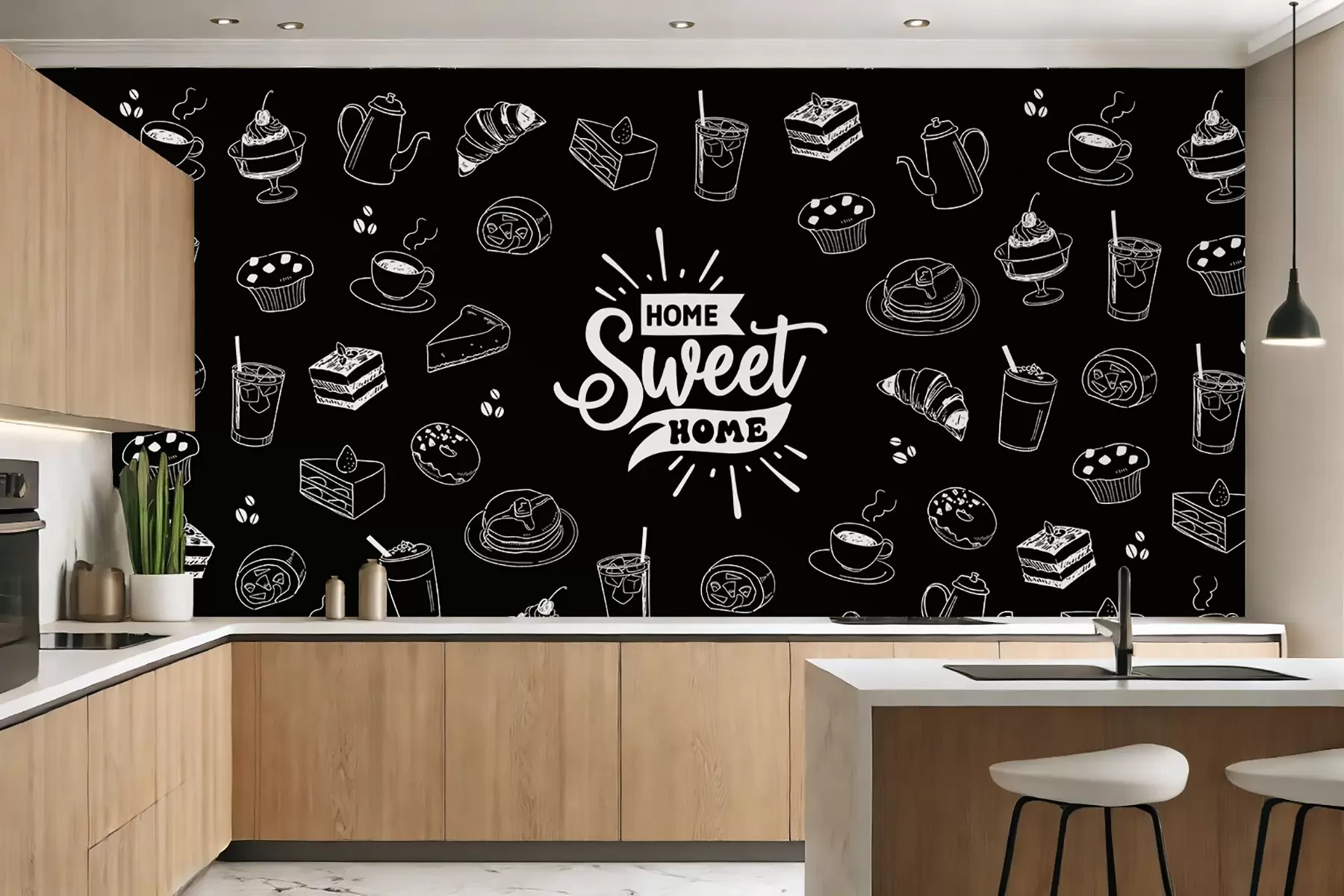 Fototapete schwarze Tapete für die Küche mit weißen Mustern w02349