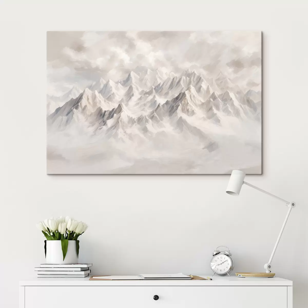 Wandbilder Weiß verschneite Berge im Nebel s40629