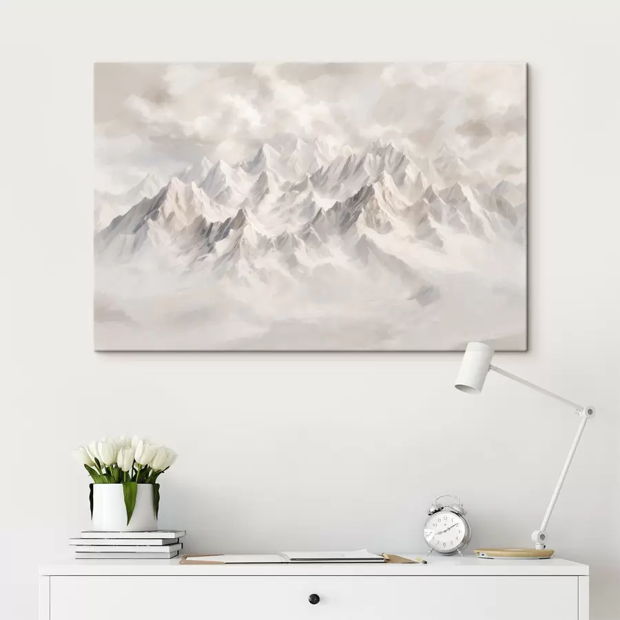 Wandbilder Weiß verschneite Berge im Nebel s40629