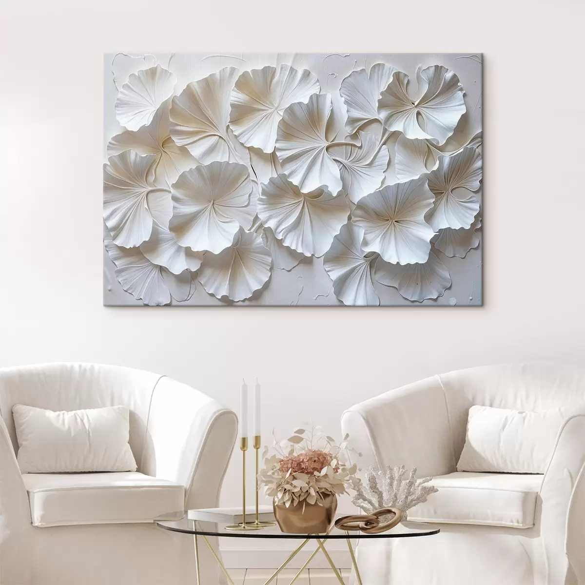 Wandbilder Zarte weiße Blüten in einem natürlichen, organischen Muster auf hellem Hintergrund angeordnet s39510