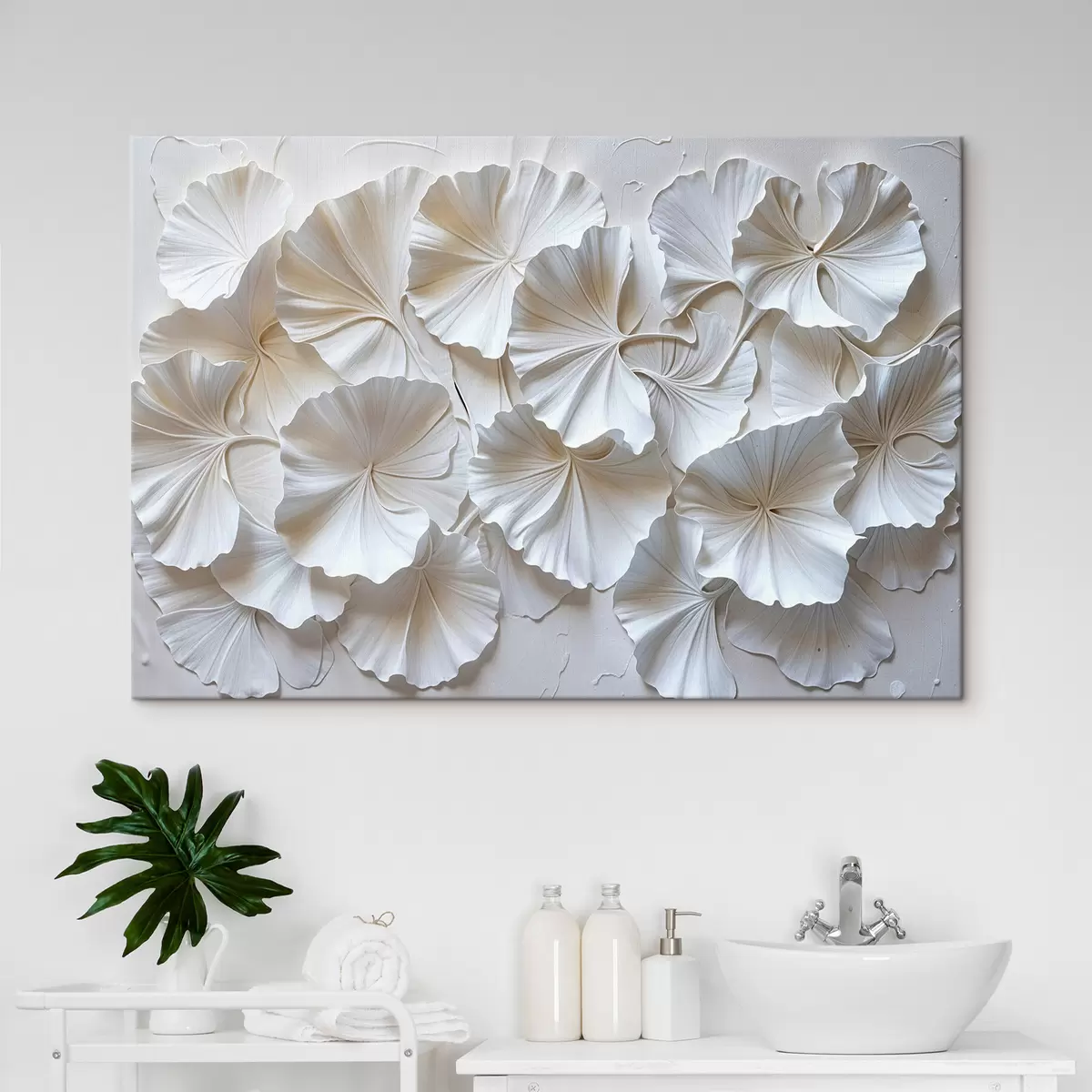 Wandbilder Zarte weiße Blüten in einem natürlichen, organischen Muster auf hellem Hintergrund angeordnet s39510