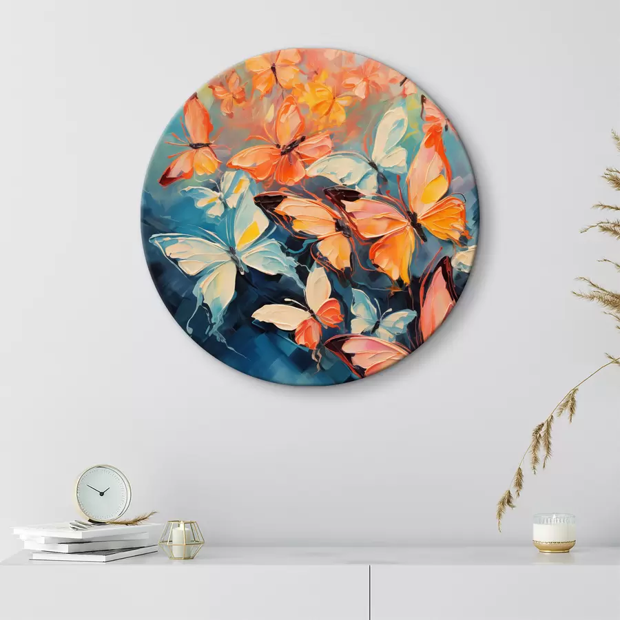 Wandbilder Ein Schwarm Schmetterlinge fliegt auf blauem Ölgemälde r39922