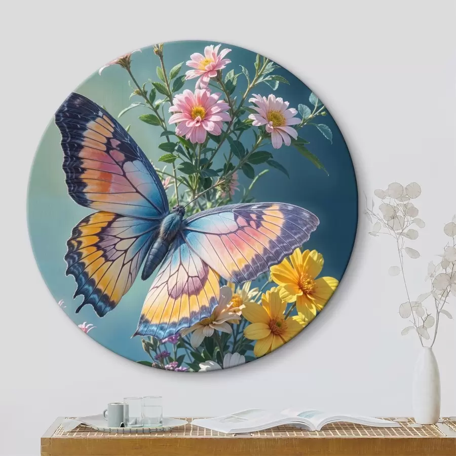 Wandbilder Ein großer, bunter Schmetterling thront auf einem Strauß rosa und gelber Blumen vor einem dunkelgrünen Hintergrund r40411