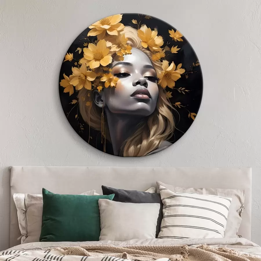 Wandbilder Porträt einer jungen Frau umgeben von gelben Herbstblättern vor einem dunklen Hintergrund r38834