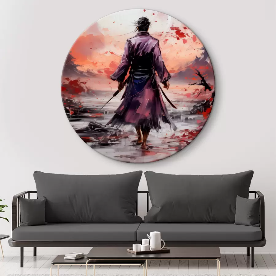 Wandbilder Ein Samurai mit einem Schwert in einem lila Mantel geht in Richtung der Berge abstrakte Kunst Malerei r39194