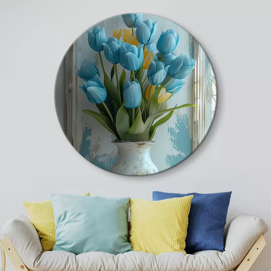 Wandbilder Blaue und gelbe Tulpen in 3D: elegantes Wandbild mit weißem Rahmen, weißem und hellblauem Hintergrund und gravierter Vase r39636