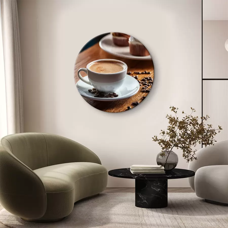 Fototapete Tasse Kaffee, Kaffeebohnen, Kuchen, Stillleben r40417