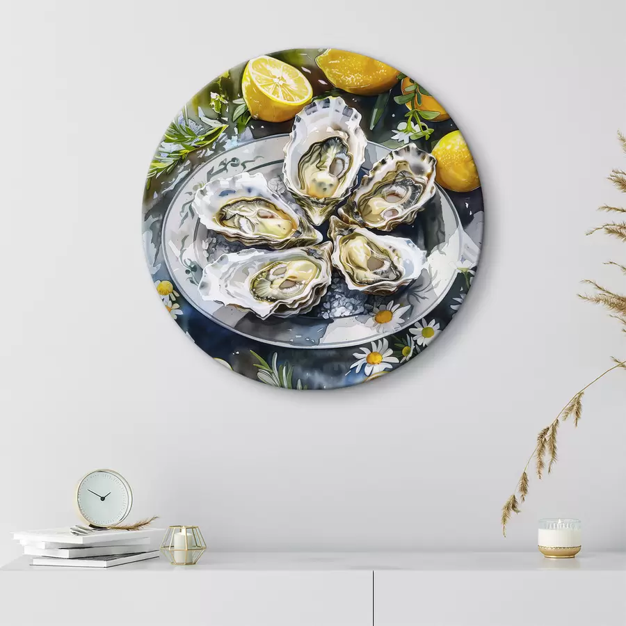 Wandbilder Elegante Austern auf dem Teller, Zitronen und Blumen, Sommerfarben, mediterran r39710