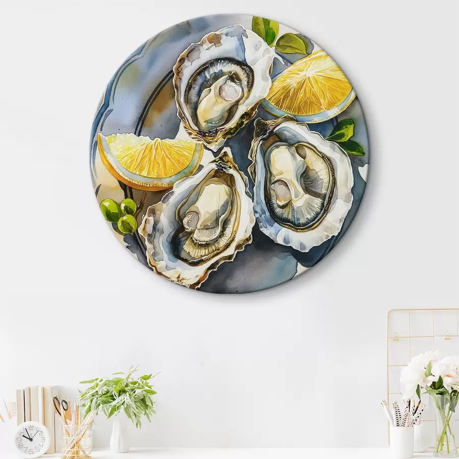 Wandbilder Elegante Austern auf dem Teller, Aquarell, Zitronen, Naturfarben, mediterran r39711