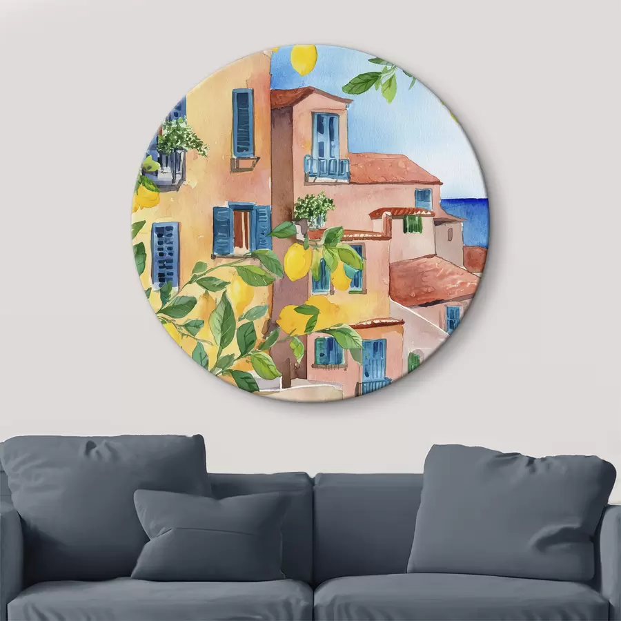 Wandbilder Italienische Stadtarchitektur, Meeresküste, Sommer, Aquarell, Zitronenbaum r38395