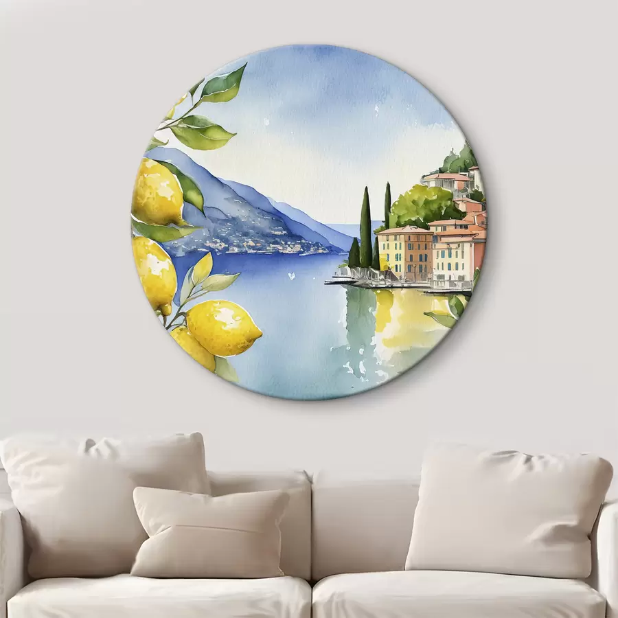 Wandbilder Italienischer See, Sommer, Aquarell, Naturlandschaft, Zitronen, Stadtarchitektur r38394