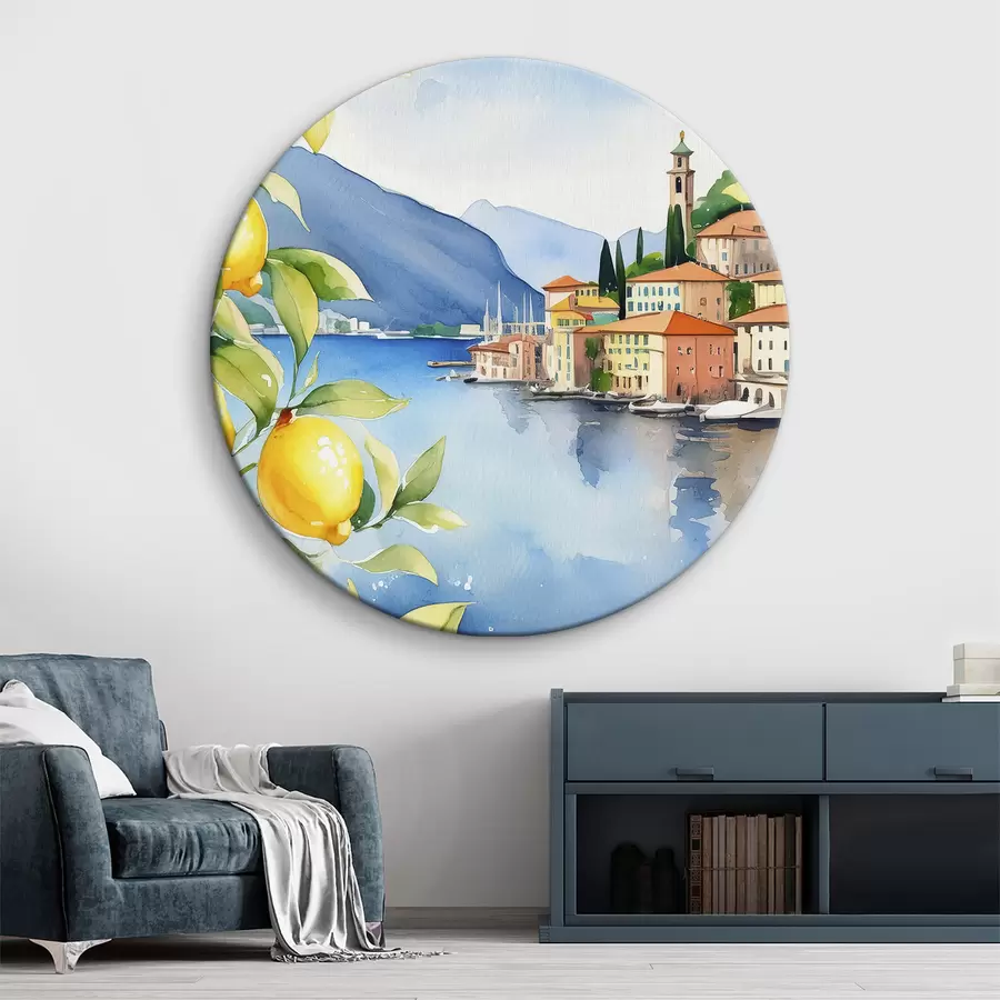 Wandbilder Italienischer See, Sommer, Aquarell, Naturlandschaft, Zitronen, Stadtarchitektur r38397