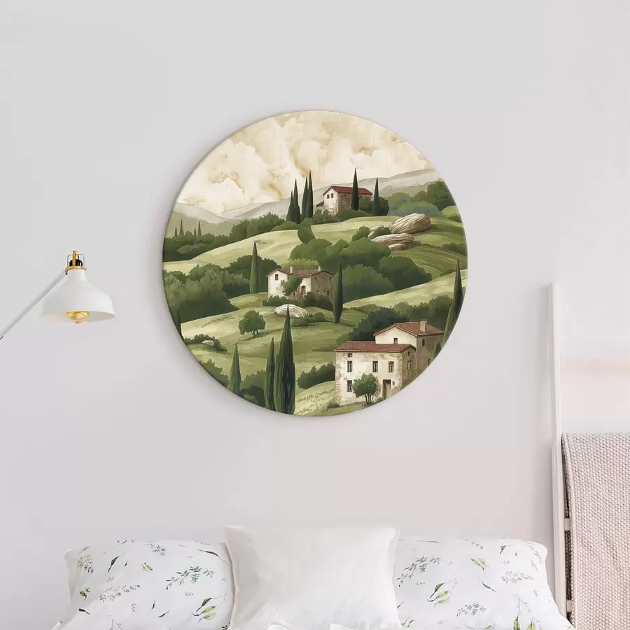 Wandbilder Landschaft mit Vintage-Häusern, pastellgrüne Farben, Acrylzeichnung, rustikal r40080