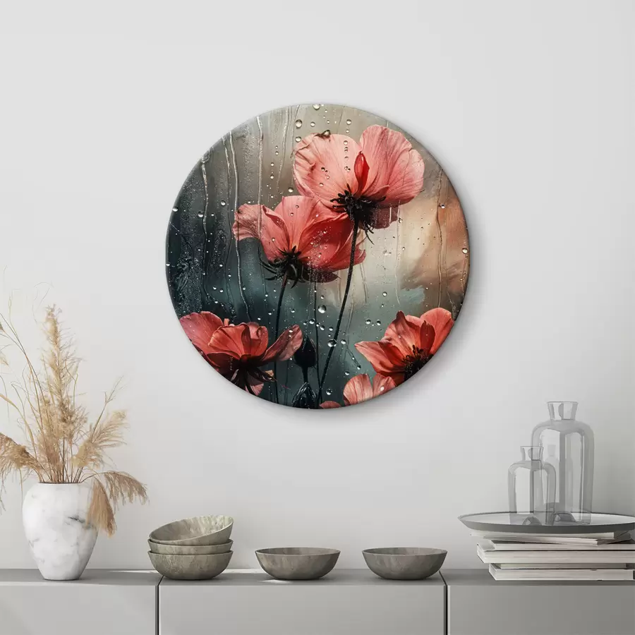 Wandbilder Rote Blüten mit Wassertropfen vor einem unscharfen Hintergrund r40412