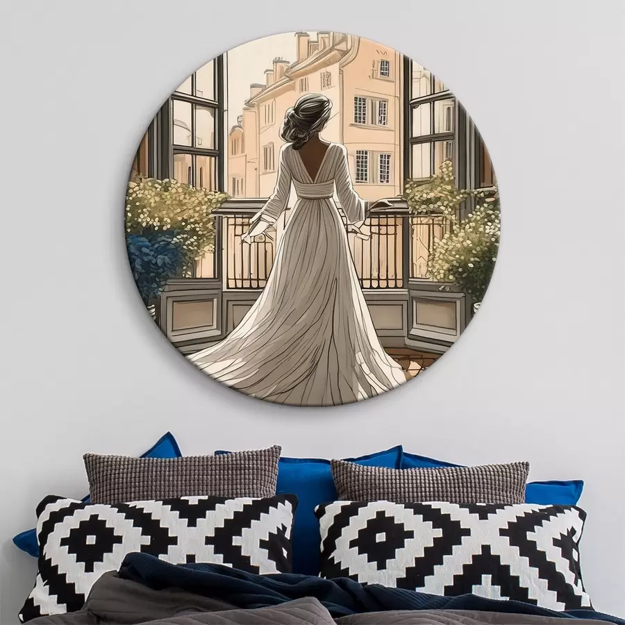 Wandbilder Silhouette eines Mädchens in einem weißen Kleid in der Nähe eines großen Fensters r39480