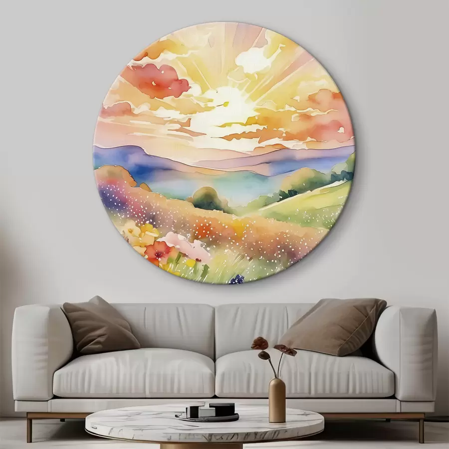 Wandbilder Sonnenuntergang im Sommerfeld, Blumen, Sonne, bunter Himmel, Wolken, Natur r38842