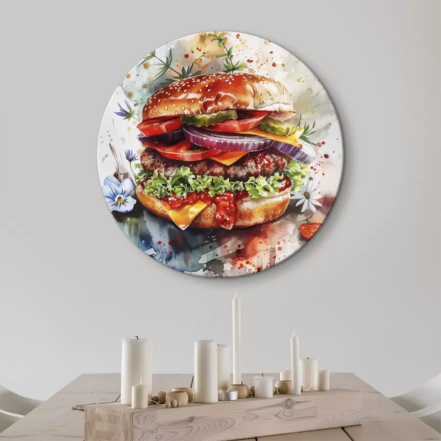 Wandbilder Leckerer Burger mit Fleisch, Blumen, Aquarell, Food Art r39699