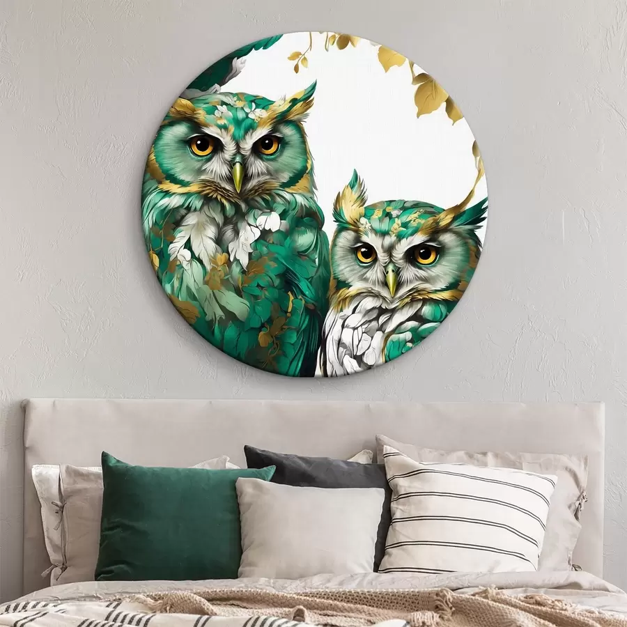 Wandbilder Zwei grüne Eulen im Laub r37569