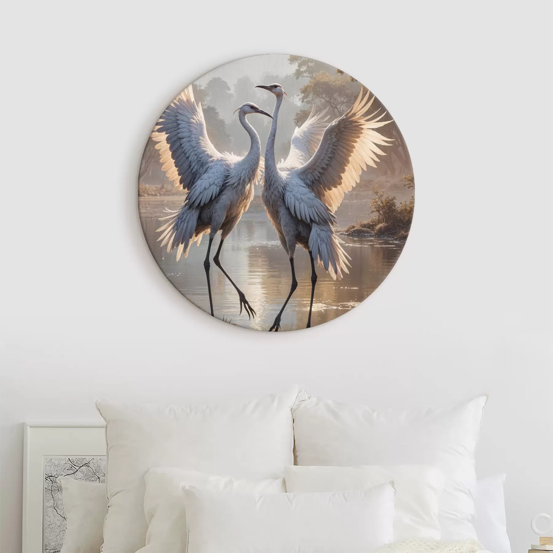 Wandbilder Zwei große graue Kraniche mit langen Hälsen und ausgebreiteten Flügeln stehen in einem nebligen See, umgeben von Bäumen r40404