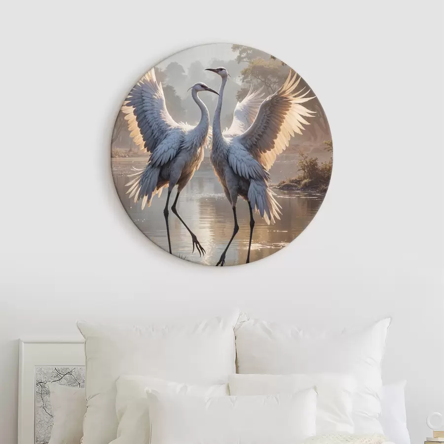 Wandbilder Zwei große graue Kraniche mit langen Hälsen und ausgebreiteten Flügeln stehen in einem nebligen See, umgeben von Bäumen r40404