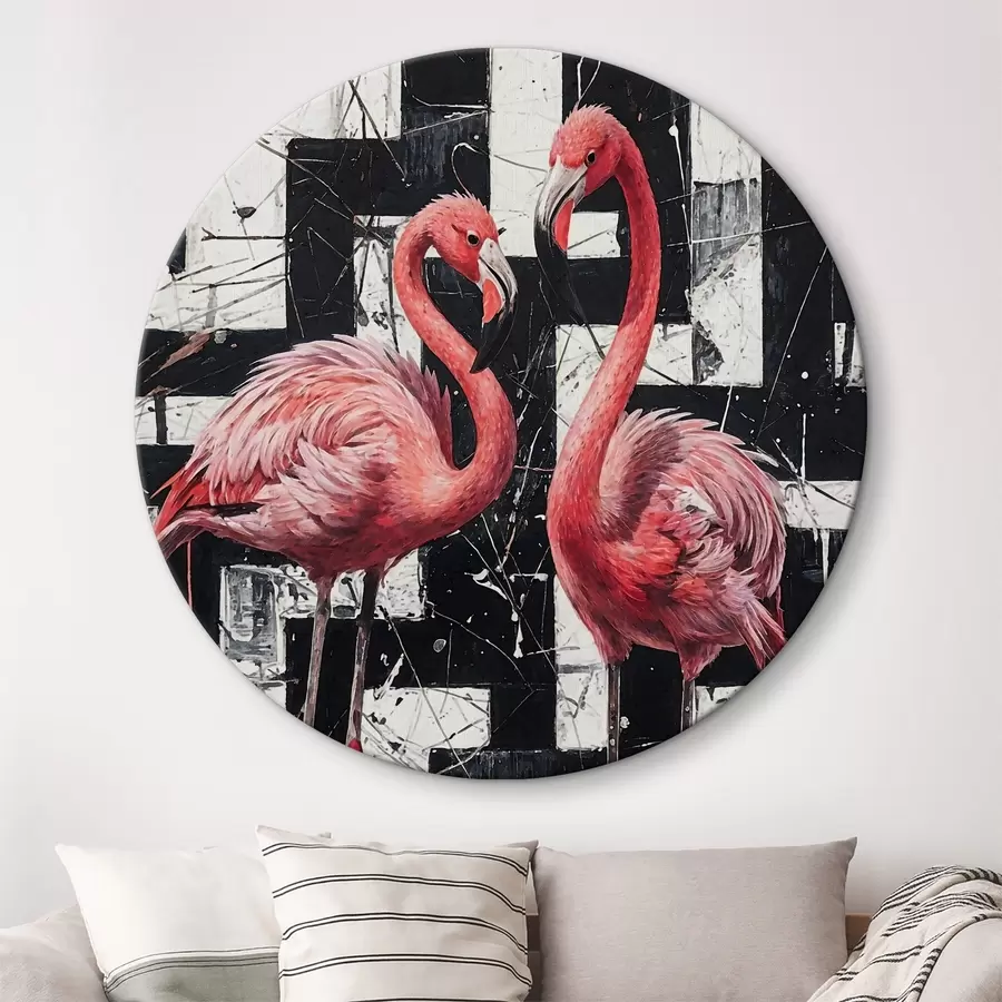 Wandbilder Zwei rosa Flamingos stehen vor einem schwarz-weißen abstrakten Hintergrund Kunstgemälde r38954