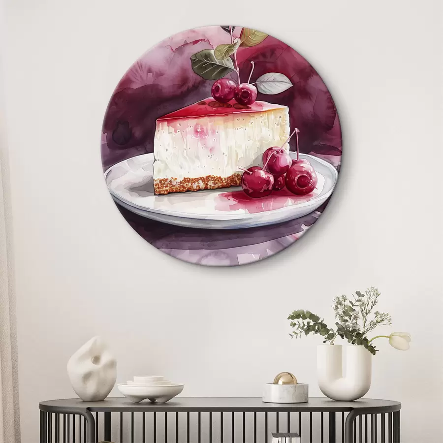 Wandbilder Aquarell-Käsekuchen mit Kirschen, elegante Lebensmittelkunst, rote und violette Farben r39700