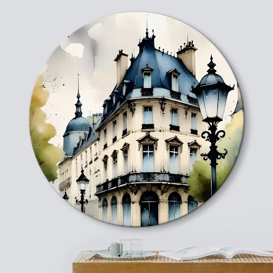 Wandbilder Aquarellmalerei eines historischen Gebäudes mit geschwungener Fassade und dekorativen architektonischen Elementen r38975