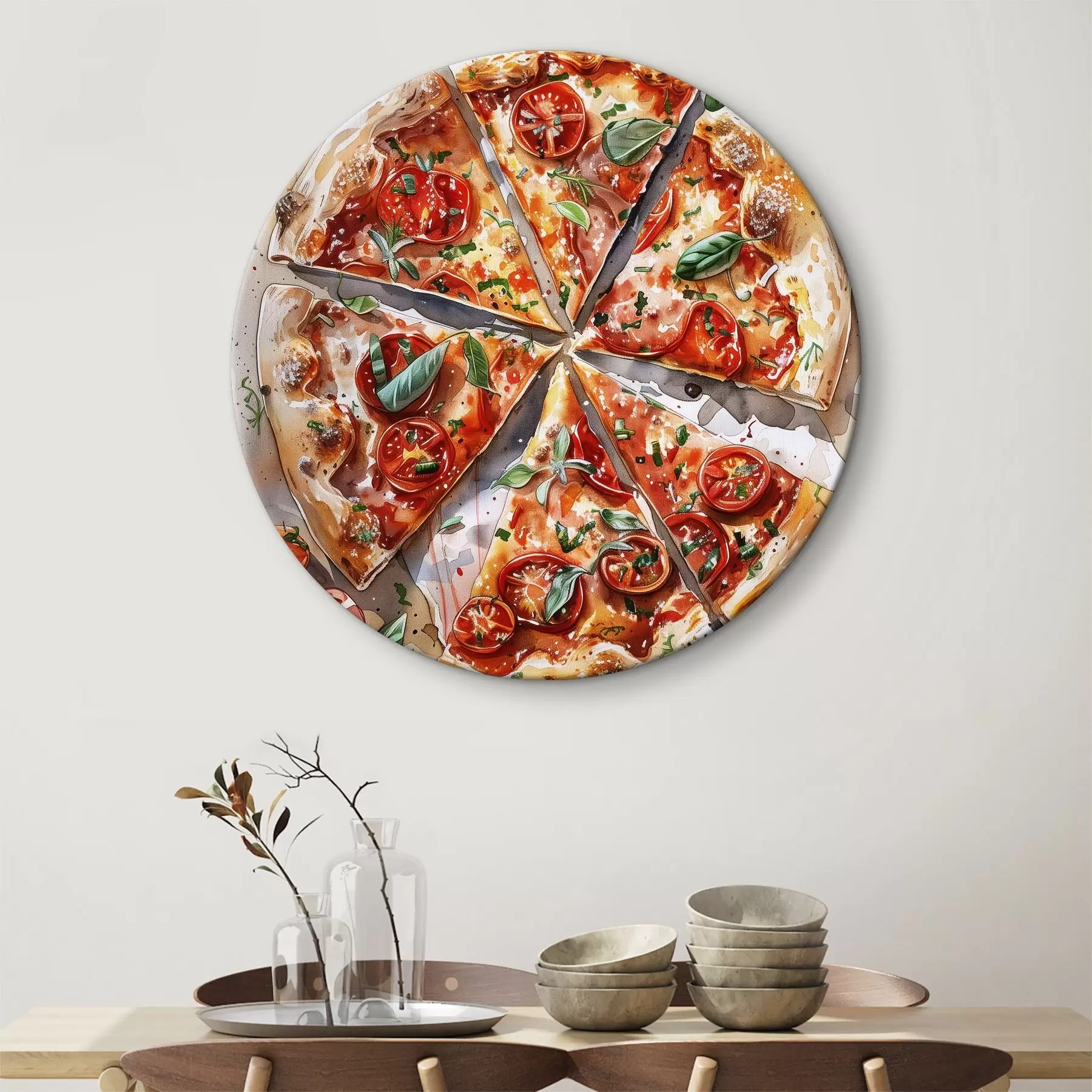Wandbilder Aquarellpizza, lecker, Tomaten und Käse, Lebensmittelkunst, Holztisch r39704