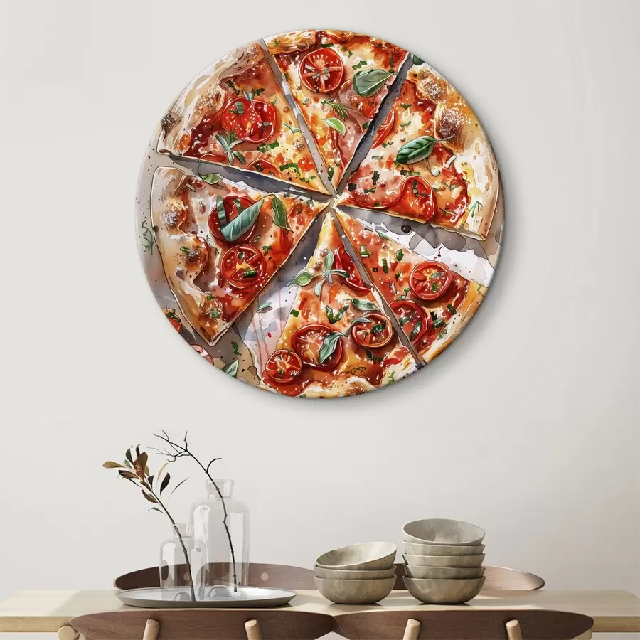 Wandbilder Aquarellpizza, lecker, Tomaten und Käse, Lebensmittelkunst, Holztisch r39704