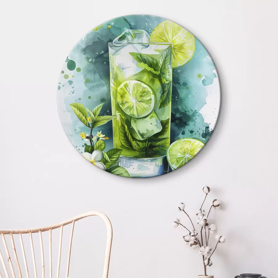 Wandbilder Aquarell Sommercocktail, Mojito, Limette und Minze, Blumen, grüne Farben r39712