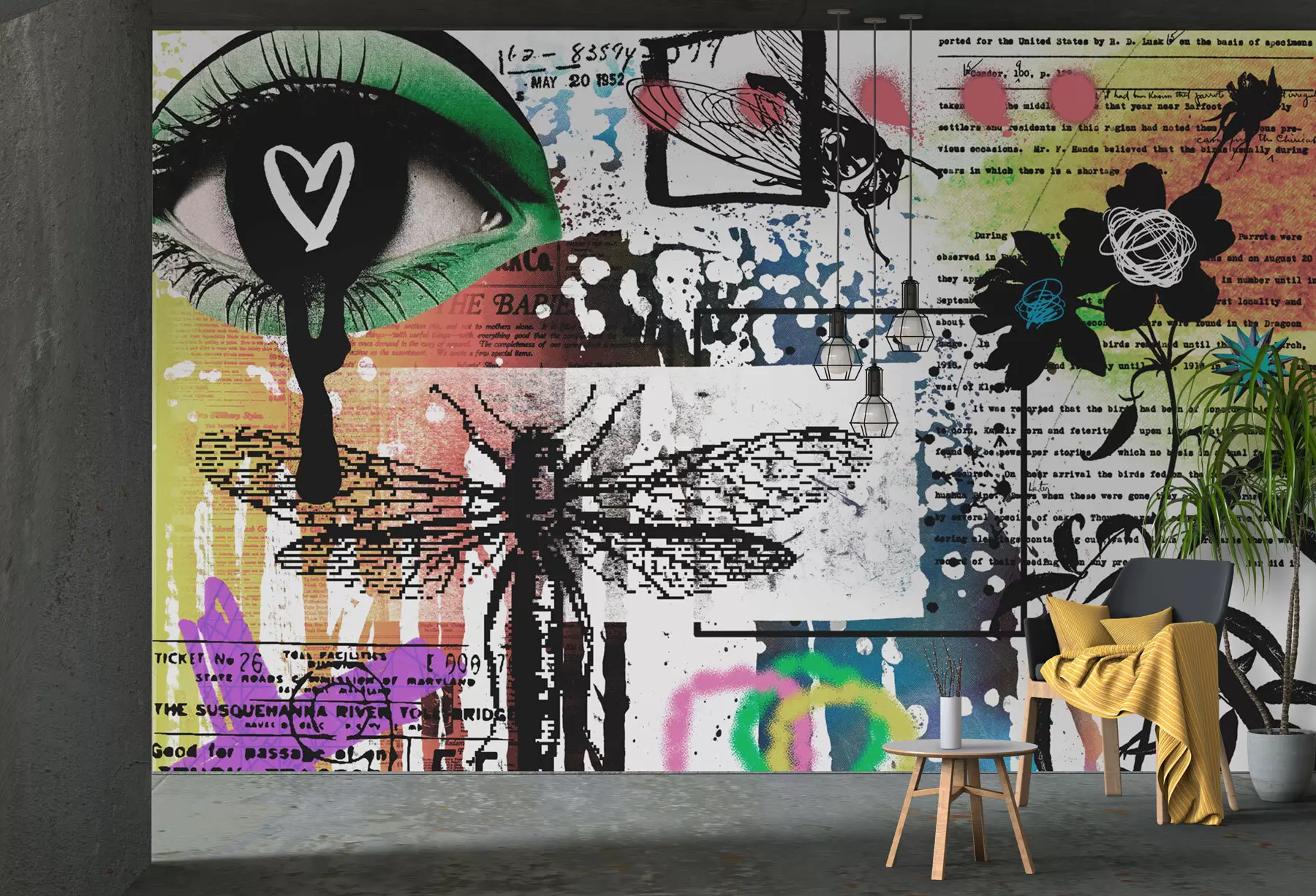 Fototapete Inschriften im Graffiti-Stil, Blumen, Figuren w02255