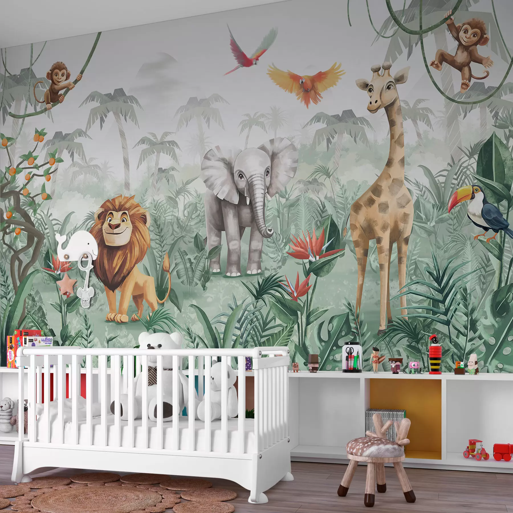Wandbilder Kinder-Dschungel-Design mit Löwe, Giraffe, Elefant und Papageien w02440