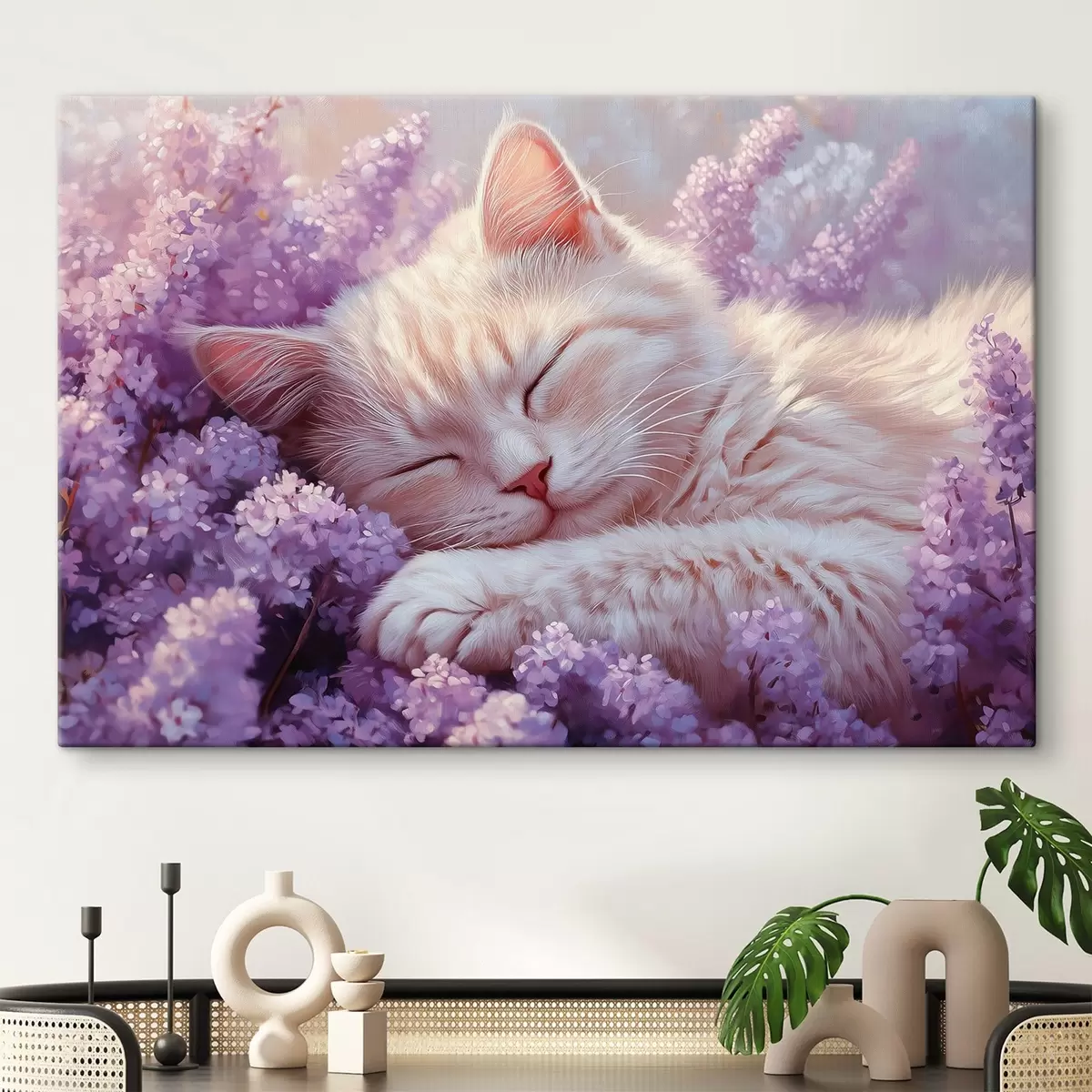 Wandbilder katze auf lila Blumen liegend s42012