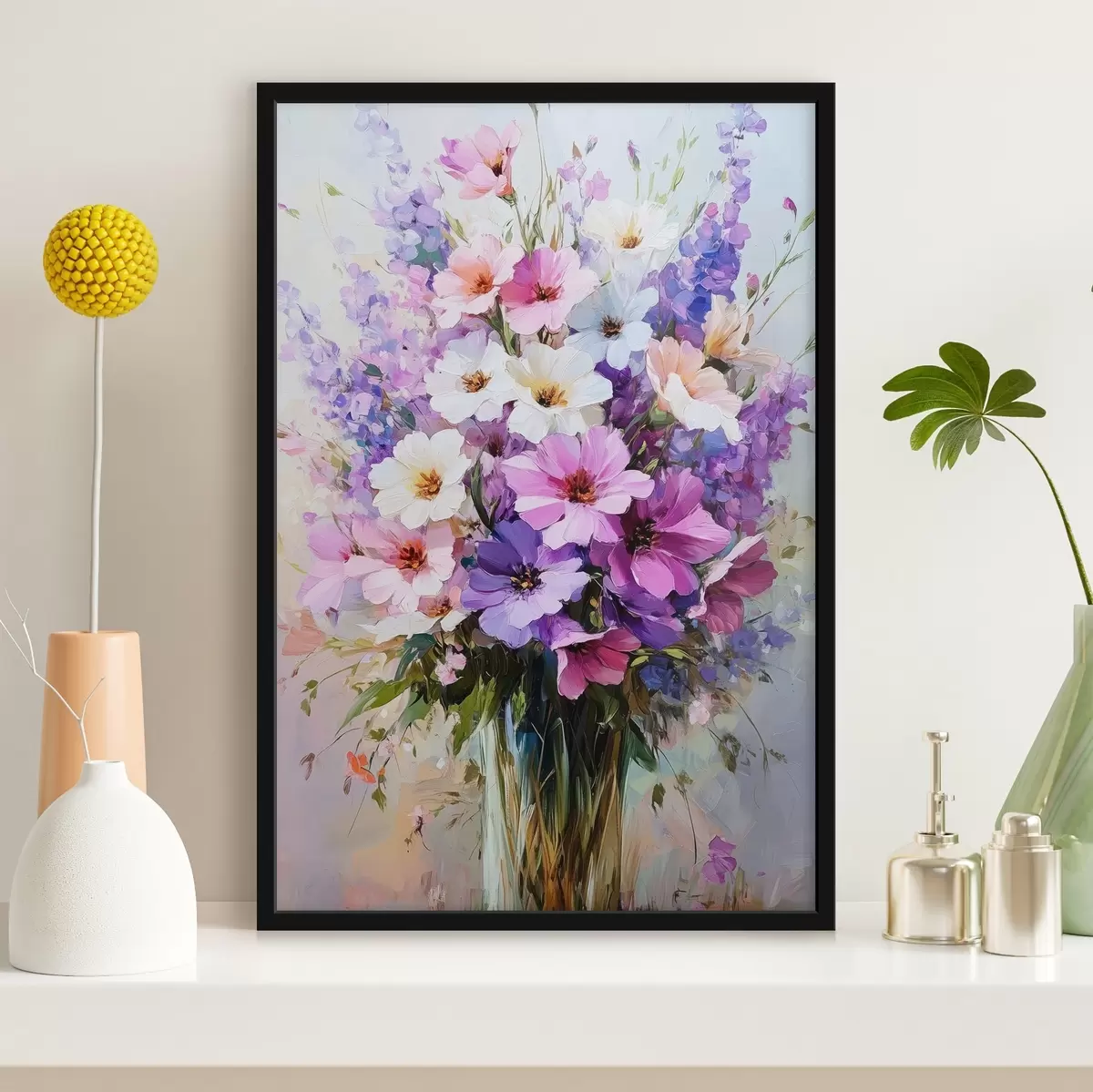 Poster lila und weiße Blumen in einer Vase f41999