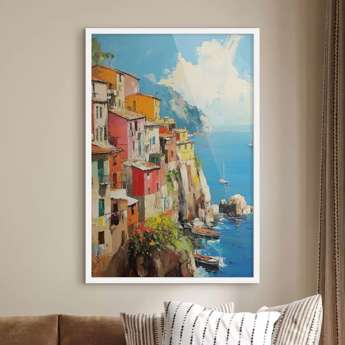 Poster Italienische Stadt am Meer im Stil der Ölmalerei f42002