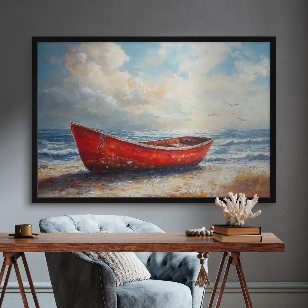 Poster rotes Boot am Meer in Ölfarbenstil f42009