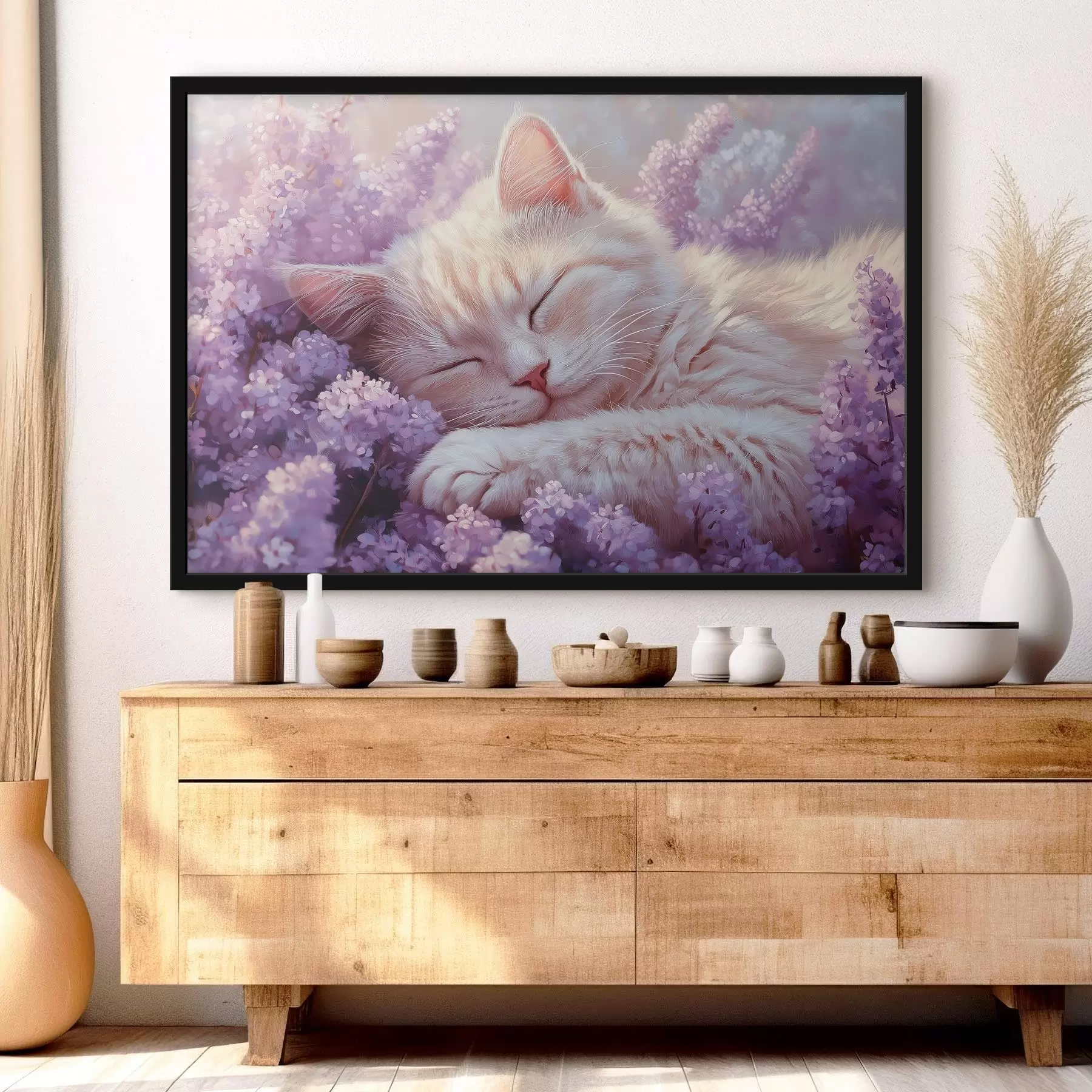 Wandbilder katze auf lila Blumen liegend f42012