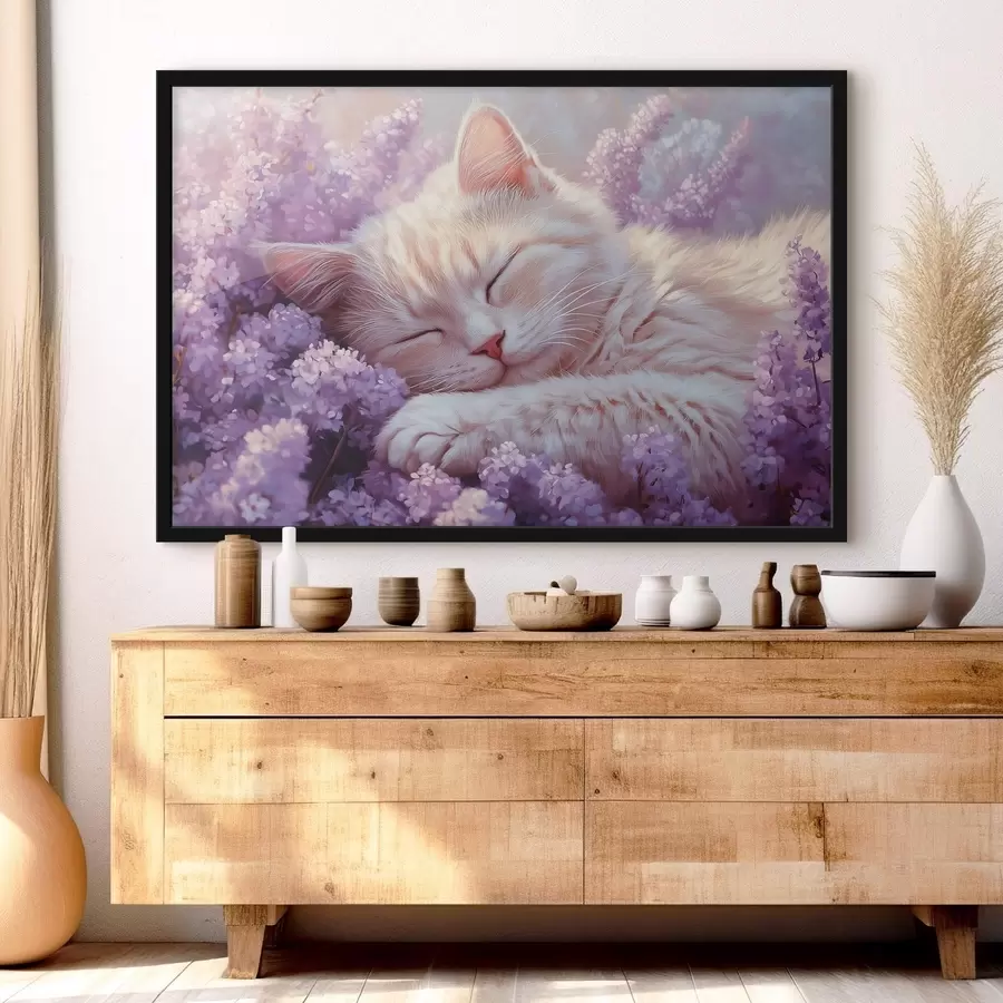 Fototapete katze auf lila Blumen liegend f42012