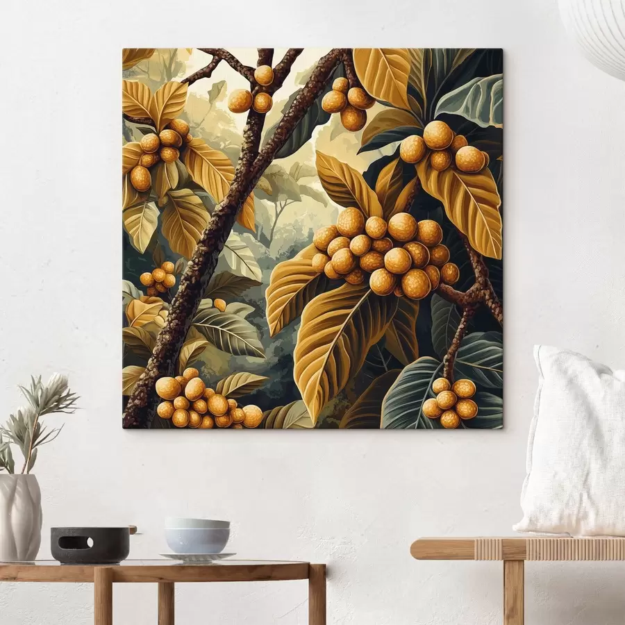 Wandbilder Ein Kaffeebaum mit Früchten und Blättern in Gelbtönen s41981