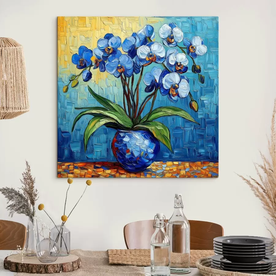 Wandbilder Eine blaue Orchidee in einer Vase im Stil von Van Gogh, Nachahmung eines Gemäldes s41982