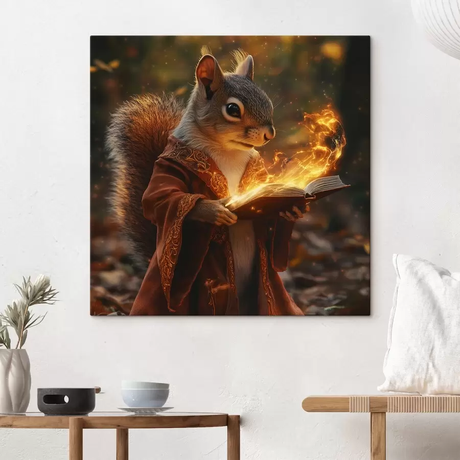 Wandbilder Ein mystisches Magier-Eichhörnchen in einem Zauberergewand mit einem magischen Folianten in den Händen s41983