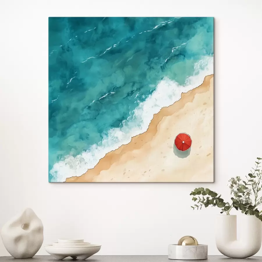 Wandbilder Ein Sandstrand mit dem Meer und einem roten Sonnenschirm, Ansicht von oben s42040