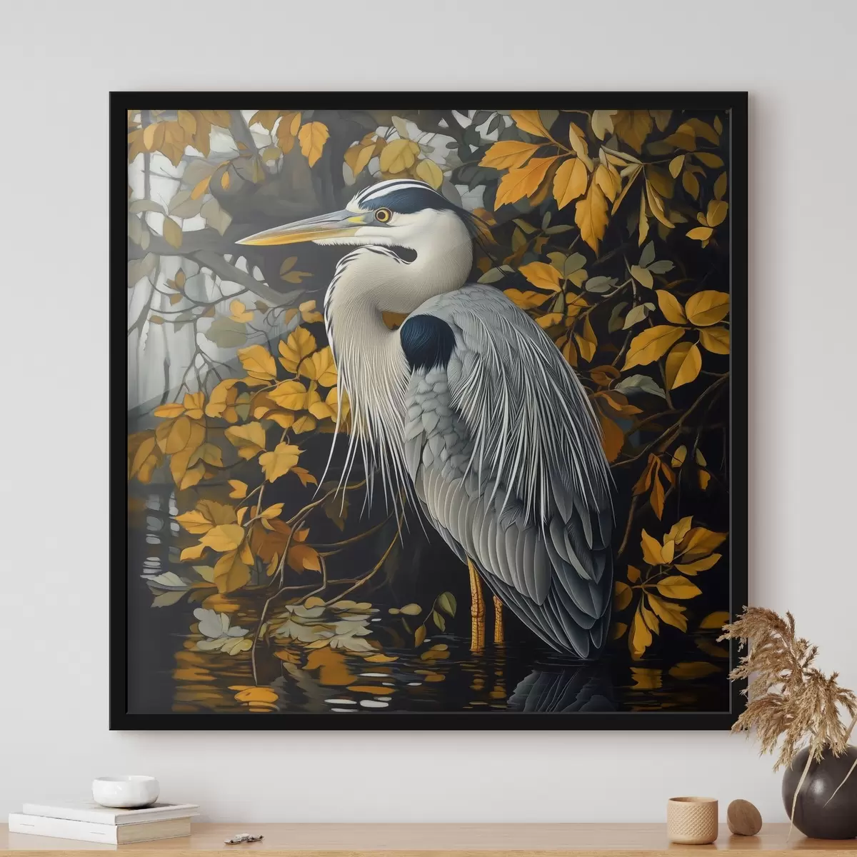 Poster Ein Reiher im Wasser vor einem Hintergrund aus Herbstblättern f42041