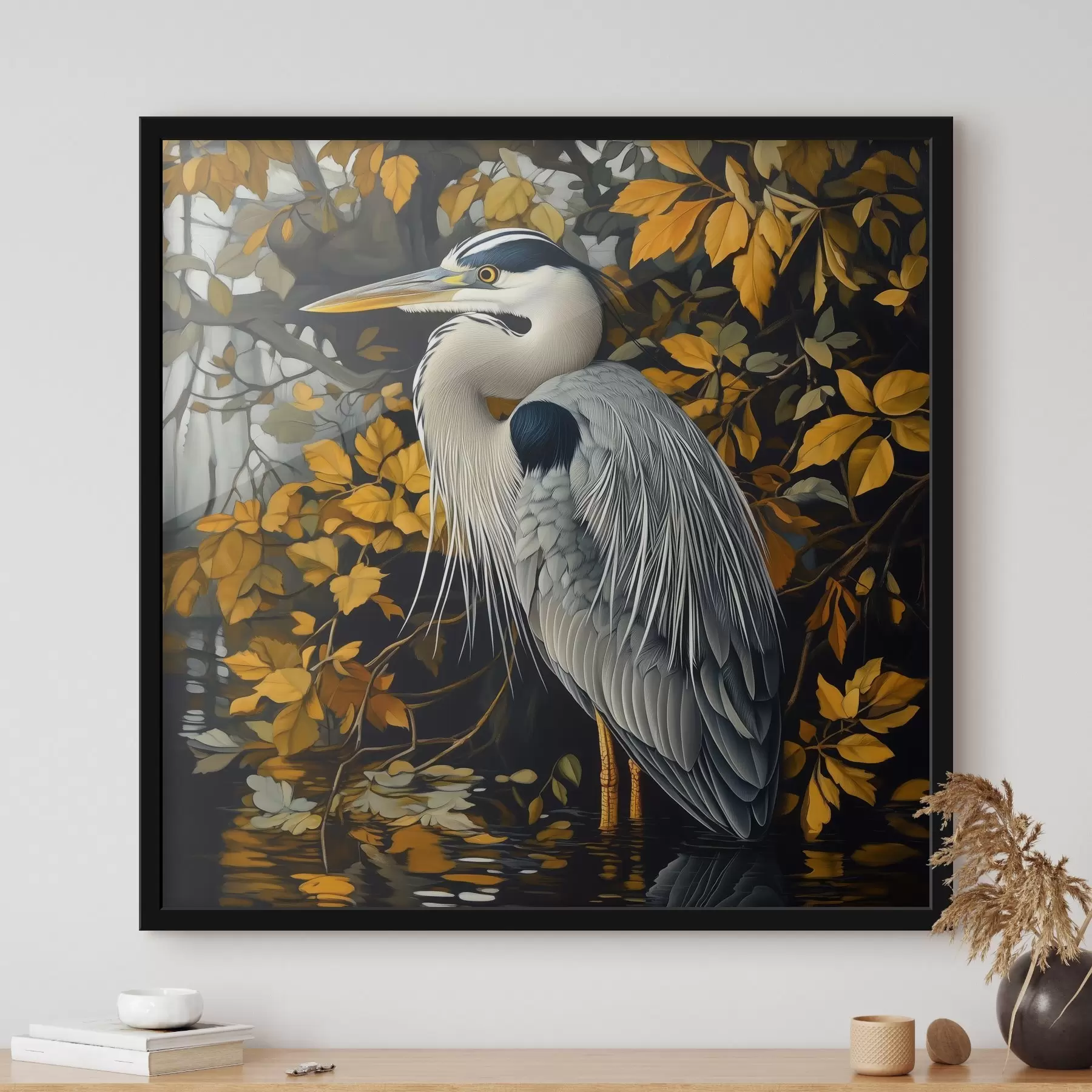 Wandbilder Ein Reiher im Wasser vor einem Hintergrund aus Herbstblättern f42041