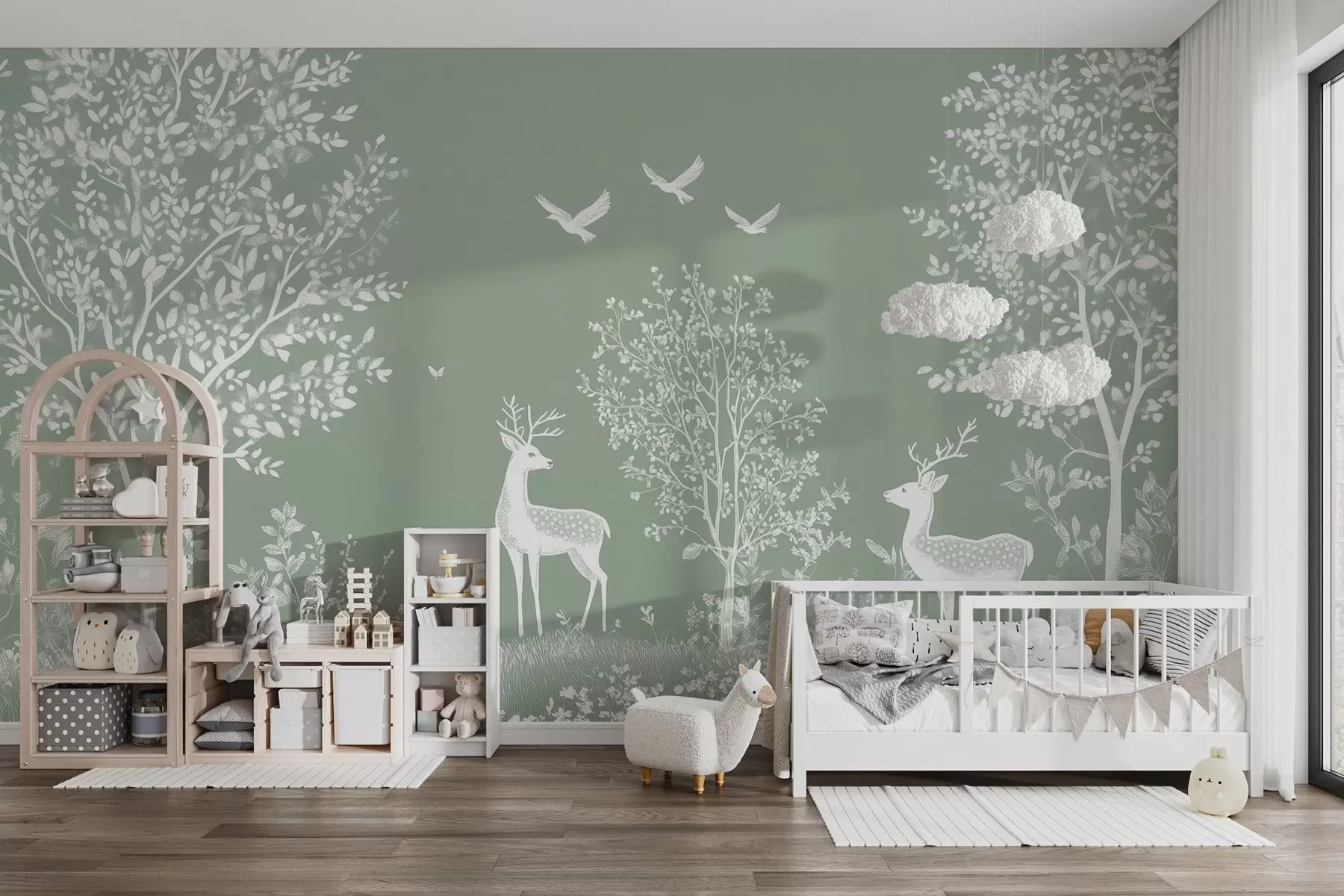 Fototapete wald mit Hirschen im Stil einer Kreidezeichnung auf grünem Hintergrund w02444