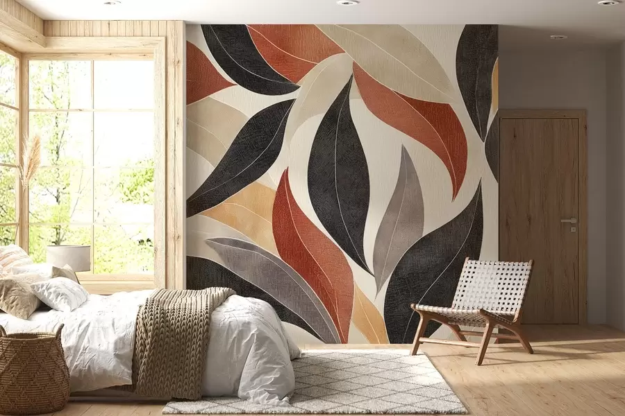 Fototapete abstrakte Blätter in einer Palette von Erdtönen - Beige, Terrakotta und Dunkelgrau w02452