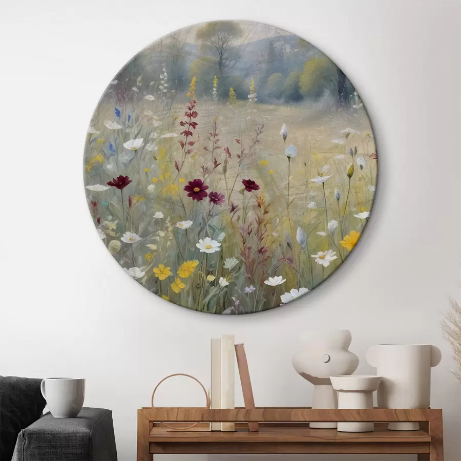Wandbilder Eine bunte Wiese mit Wildblumen mit einem verschwommenen Wald im Hintergrund r38368