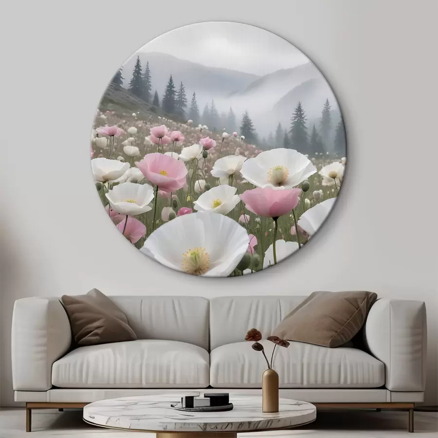 Wandbilder Ein Feld mit rosa und weißen Mohnblumen in der Berglandschaft im Hintergrund r38369