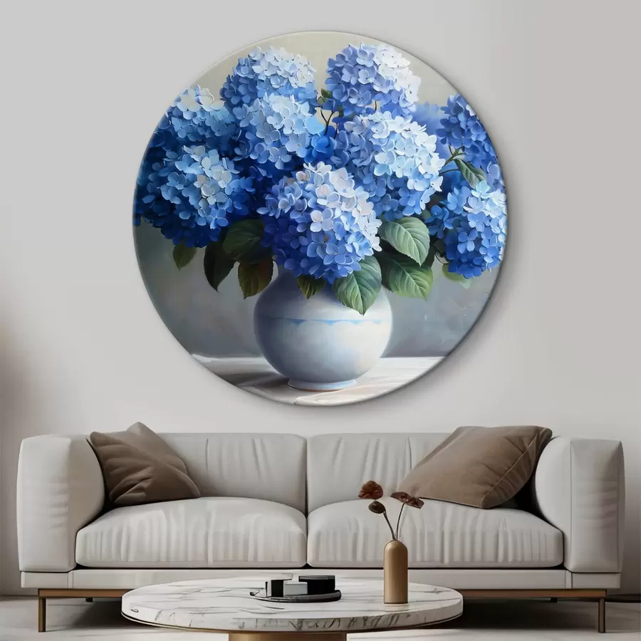 Wandbilder Blumenstrauß aus blauen Hortensien in einer weißen Vase r38696