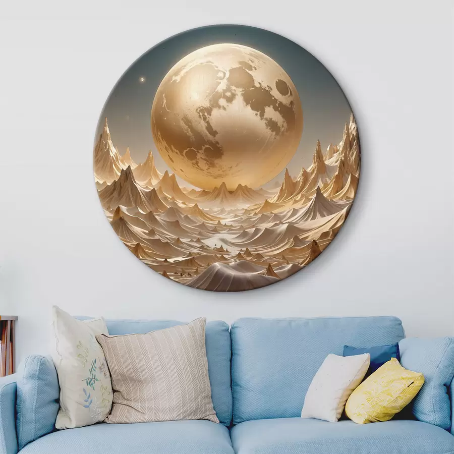 Wandbilder Glühender Vollmond über einer surrealen, bergigen Landschaft mit Gipfeln r38775